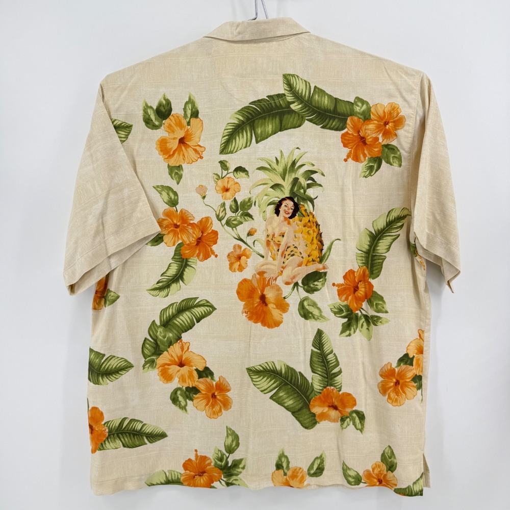 Tommy Bahama Shirt Men XL Cream Floral Silk Hula Girl Graphic Tropical Button Up